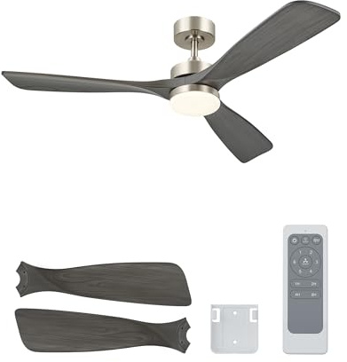 VONLUCE 132 CM Ventilatore da Soffitto con Luci e Telecomando, Ventilatore da Soffitto in Legno con 3 Pale Motore DC Reversibile Silenzioso a 6 Velocità per Cucina Camera Soggiorno, Nichel Satinato