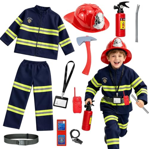 Xerteam Deguisement de Pompier pour Enfant 3-6 ans, Accessoires de Pompier(13 pcs), Costume pour Garçons et Filles Cosplay Carnaval Fêtes à Thème Halloween