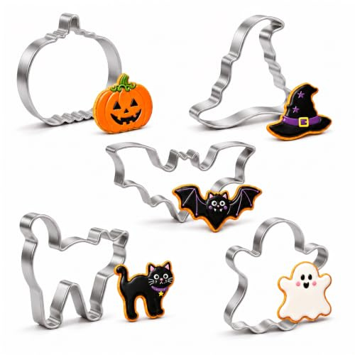 Juego de cortadores de galletas de Halloween, acero inoxidable, 5 piezas, calabaza, murciélago, fantasma