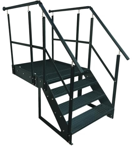Podesttrappa ståltrappa 4 steg fristående höjd 76 cm inklusive piedestal 100 x 100 cm med räcke i antracit RAL 7016/orientering trappa fram (fram)/yttertrappa
