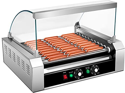 Giantex Hot Dog Roller Machine, 11 Non-Stick Rollers 30 Sausage Grill Cooker with Removable Stainless Steel Drip Tray and Glass Hood Cover, Commercial Household Hot Dog Rotisserie
