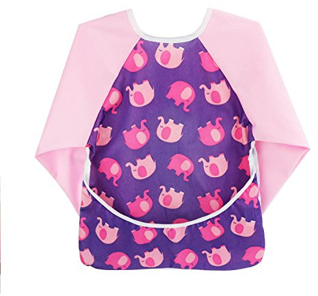 Hi Sprout Infant Toddler Baby Waterproof Sleeved Bib, Bib with Sleeves&Pocket, 6-24 Months (Pink Elephant)