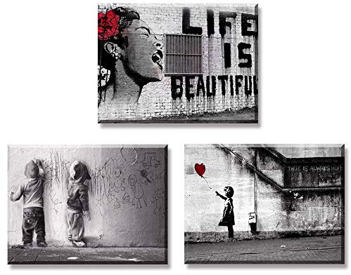 Piy Painting 3X Impresión de la Lona Chica con Globo Rojo La Vida es Hermosa Graffiti Boys en la Calle Decoración Cuadro en Lienzo Sala de Estar Cocina 30x40cm