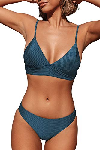 CUPSHE Damen Bikini Set Triangel Breites Unterbrustband Gerippte Bademode Zweiteiliger Badeanzug Blau XL