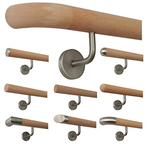 TIBU Holz Handlauf Buche unbehandelt Geländer Wandhandlauf Wand Treppe 30-500cm, Länge 170 mit 3 Halter Holzkrümmling