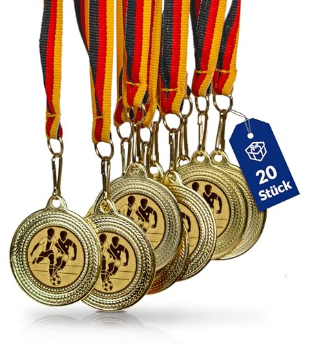geschenke-fabrik.de Fußball-Medaillen, 10er-Set, Metall, Deutschlandband | Golden zum Umhängen für Siegerehrungen, mit Emblem, für Vereine & Turniere