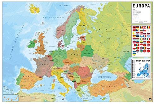 Grupo Erik GPE5441 Karte von Europa ES, politisch-physisch, 61 x 91,5 cm | Wandposter, glänzendes Papier, gerahmt, leuchtende Farben, Dekoration für Kinderzimmer