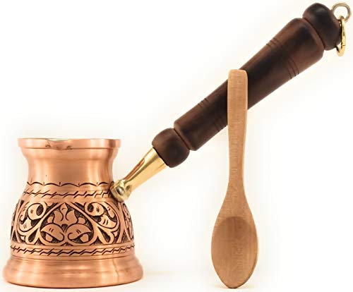 DEDE Copper 2020Serie IST (medio9.6 fl.oz) más grueso de cobre sólido grabado turco griego árabe cafetera con mango de madera, cafetera para estufas, Cezve, Jezve, Jazva, Jazzve, Ibrik, Briki