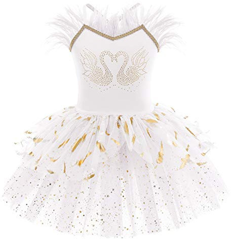 IMEKIS Mädchen Ballett Tanzkleid Ärmellose Prinzessin Schwan Ballerina Dancewear Gymnastik Trikot Tutu Glänzend Rüsche Tüll Rock Athletisch Kostüm Weiß 01 9-10 Jahre