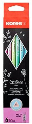 Kores - Grafitos Style: Matite di Grafite HB con Mina Morbida e Gomma da Cancellare Senza Lattice, Forma Triangolare Ergonomica e Colori Metallici, Confezione da 6