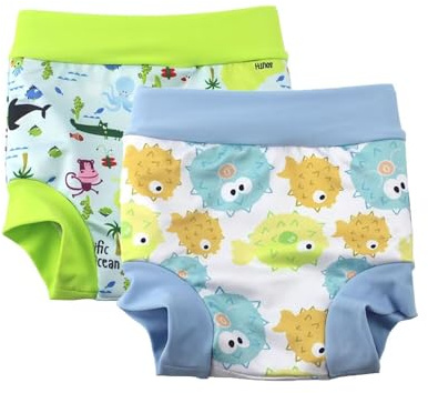 BabyPreg Badbyxor med blöjskydd för baby och barn Badshorts med hög midja som skyddar magen (Grön+ljusblå,2-3 år)