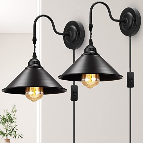 YXTH Plug in Wall Sconces, Vintage Plug in Wall Lamp Set of 2 with On/Off Switch, Metal Black Industrial Wall Mounted Light Fixture for Bedside Bedroom Indoor Doorway (Gooseneck Wall Lamp)