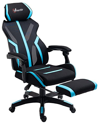 Vinsetto Silla Gaming Reposapiés Retráctil 65x65x119-129 cm Negro y Azul | Silla de Oficina Giratoria Reclinable, con Reposacabezas, Altura Ajustable