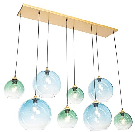 Qazqa Esstisch Art Deco Pendelleuchte, Pendellampe - Sandra - Gold, 8-flammig, 140cm, Ideal als Esszimmerlampe und