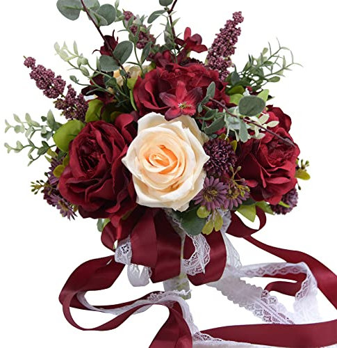 BestAlice Ramo de boda artificial, hecho a mano, de seda, ramo de novia de tacto real, ramo de novia, dama de honor, flores artificiales, color rojo