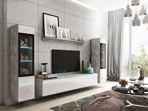 MINIO go for it - Ensemble de Meuble TV 4 pièces Veve 2 - avec LED | 2x armoire vitrine, meuble bas, étagère murale, panneau de particules laminé, béton et blanc brillant