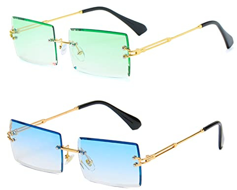 YUELUQU Retro Rahmenlose Sonnenbrille für Damen Herren Mode Retro Rechteck Brille Quadratische durchsichtige Sonnenbrille (B-blau+grün)
