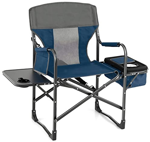 GIANTEX Sedia Pieghevole Da Campeggo, Sedia Campeggio Pieghevole da Esterno Giardino con Tavolo Laterale, Sedia Mare Spiaggia Pesca da Esterno Tasca Portaoggetti e Borsa Termica 53x98x113 cm