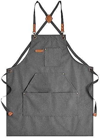 Aoomzoon Canvas Aprons for Men Chef Apron, Work Apron with Large Pockets - Durable 16oz Heavy Duty Cross Back, BBQ, Cooking (Gray, 1 Pack)