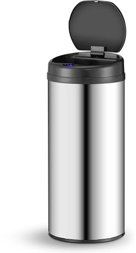 Juskys Mülleimer Küche mit Bewegungssensor Silber 50L - Runder Abfalleimer für Kontaktloses Entsorgen mit Klemmring für Müllbeutel - Rostfreier Stahl