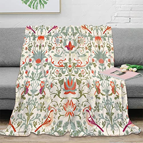 Bohemia William Morris Kunst-Überwurfdecke, abstrakt, Retro, Mitte des Jahrhunderts, Boho, Blumenmuster, Vogel, Flanell, Fleecedecke, 150 x 200 cm, leicht, gemütlich
