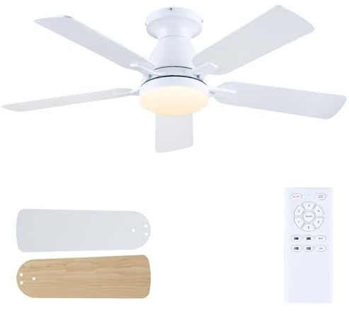 Mpayel Ceiling Fans with Lights and Remote, 46 Inch Flush Mount Low Profile Ceiling Fan with Light, White Ceiling Fan for Bedroom Living Room, Quiet DC Motor, Reversible, Dimmable LED, White