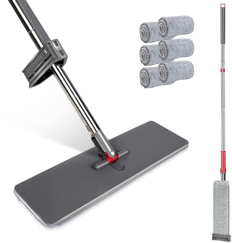 Masthome Mocio Lavapavimenti con Strizzatore Integrato, Mocio Piatta con 6 Tamponi Lavabile in Microfibra, Manico Lungo 130cm, Mocio Professionale per Pavimenti, per Tutti i Tipi di Pavimenti