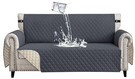 Lydevo Sofa Überzug 4 Sitzer wasserdichte rutschfest Sofabezug Mit Armlehnen Couchbezug Sofaüberwurf Kratzfest Reversible Gesteppte Schonbezug für Haustier Katzen Hunde,Dunkelgrau
