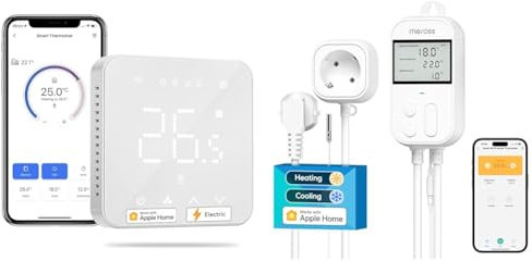 Meross Smart Elektrische Thermostat & Smart Thermostat Steckdose für HomeKit Digital WLAN Temperaturregler WiFi Heizungsthermostat Steckdose mit Fühler für Heizung und Kühlung 16 A, 2,4GHz
