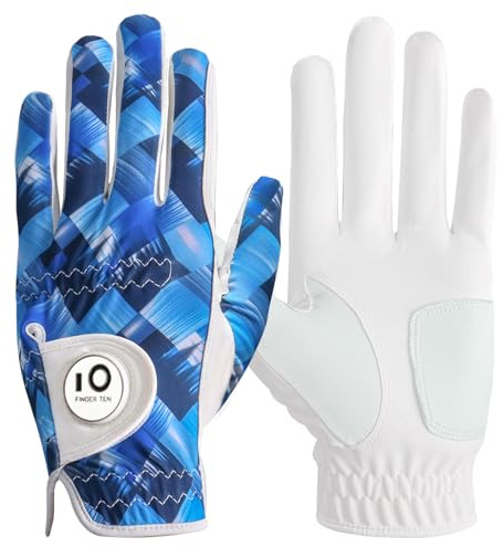 FINGER TEN Golfhandschuhe Herren Links Rechts Hand Leder mit Ballmarker Sommer, Golf Handschuhe Männer Weathersof Premium Qualität Weicher Komfort (Marine, M-L, Links)