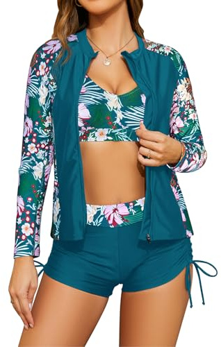 SHEKINI Mujeres 3 piezas Rash Guard manga larga trajes de baño con cordón corto