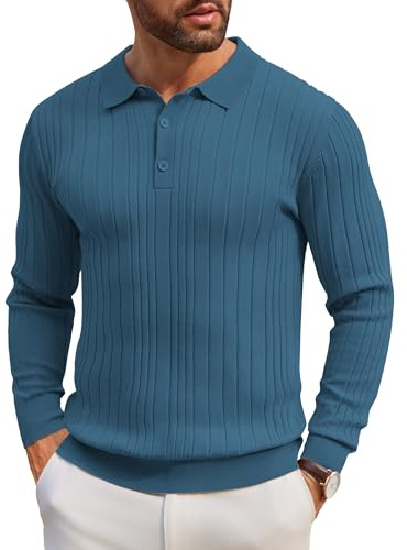 COOFANDY Suéter Tipo Polo de Punto para Hombre Manga Larga Polo Informal Color Liso Azul L