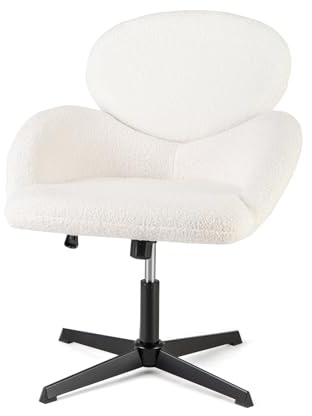 HOMASIS Bürostuhl ergonomisch, höhenverstellbarer Schreibtischstuhl 360° drehbar, gepolsterter Schminktisch Stuhl aus Teddyplüsch, Computerstuhl für Büro Arbeitszimmer, Schneidersitz, Weiß