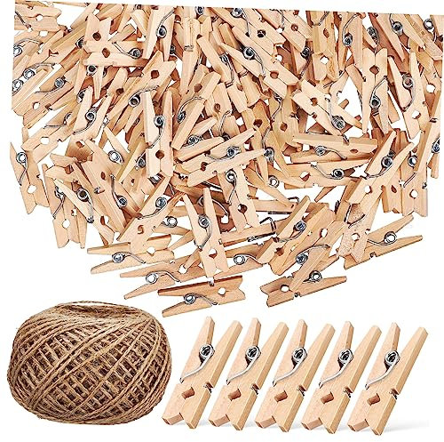 Levemolo 150 Stück Holzklammern für Bastelarbeiten 1 Rolle gedrehtes Juteseil Schnur zum Bündeln