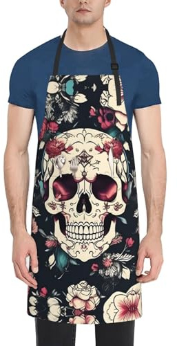 Grembiule da cucina in tessuto Oxford con motivo ornamentale con teschio e fiori, grembiule da cucina e molto altro ancora, nero, taglia unica