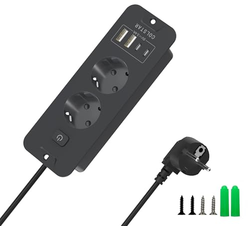 COLSTAR 2-Fach Einbausteckdose USB, Überspannungsschutz, 2m Kabel, Schwarz | 16A/4000W, mit Maßschablone für einfache Montage, 2 Schuko + 4 USB-Ports (2×USB-A + 2×USB-C)