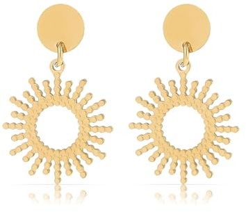 Made by Nami Boucles d'Oreilles Soleil Or - Bijoux Femme Acier Inoxydable Hypoallergénique - Boucle d'Oreille Dorée Pendante Waterproof Bohème