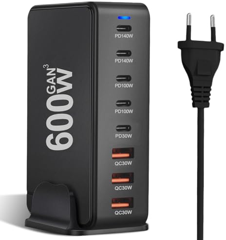 USB-C-laddare, 600 W, 8 portar, GaN III och PD 3.1 snabbladdningsadapter, kompatibel med PD 3.1-laddning, 140 W strömförsörjning, kompatibel med MacBook, iPhone, bärbara datorer, iPad