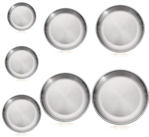 Bhina 7 Pièces Gold Plats de Service en Inox Plateau Assiettes Rondes en Acier Inoxydable Plates Assiettes en Acier Plateau Acier Inoxydable pour Camping, Excursionisme, Picnic, BBQ (14-34cm,7Größe)