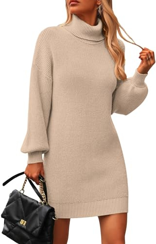 Zeagoo Kleid Damen Langarm Strickkleid Herbst Winter Kleider Elegant Pulloverkleid Minikleid Longpullover Dress Beige XXL