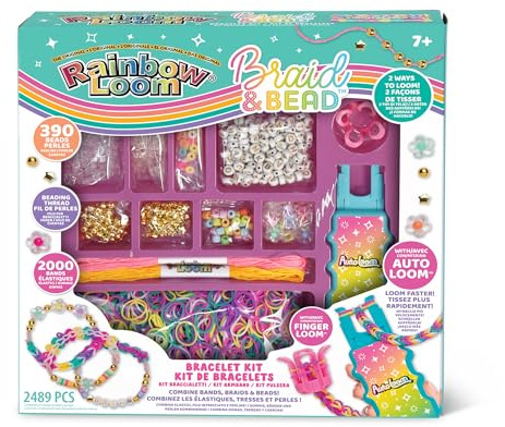BANDAI - Rainbow Loom Braid & Bead - Set zur Herstellung von elastischen Armbändern, Zöpfen und Perlen – Kreativset – Enthält 2000 Gummibänder, Zubehör – Spielzeug für Kinder ab 7 Jahren – CD0183