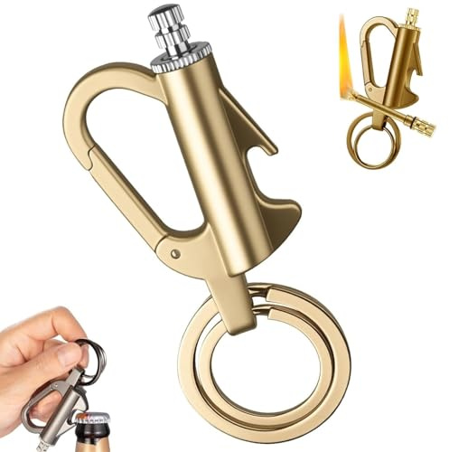 Encendedor de fósforo permanente Infinite, reutilizable, impermeable, con llavero y abrebotellas, de queroseno metálico resistente al viento, for acampar y hacer senderismo al aire libre.(Gold)