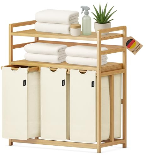 XMHome Wäschesammler 3 fächer, 148L Wäschekorb,2 Ablagen,Bambusrahmen | Wäschesortierer 3 x 49.3L,ausziehbar abnehmbar,Doppelregal,Farbe Beige