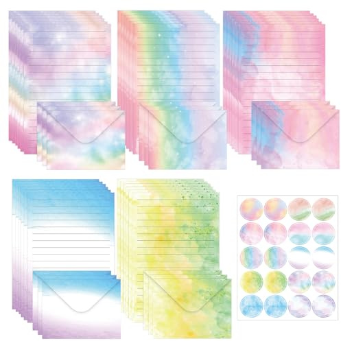 65 Teiliges Aquarell Briefumschlag Set,30 Blatt A5 Briefpapier mit 15 Umschlägen und 20 Verschlussaufklebern,Hübsches Briefpapier Set für Liebesbriefe Geburtstagseinladungen Muttertag (Aquarell-D)