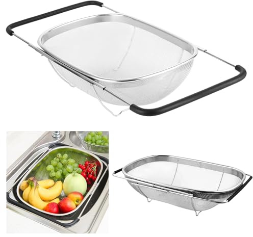 Waschbecken Sieb Edelstahl, Ausziehbares Ovales Sieb für Spülbecken, Abtropfkorb mit erweiterbaren Gummigriffen über der Spüle zum Abseihen, Abtropfen und Waschen von Obst und Gemüse, 36-55.5x24x10cm