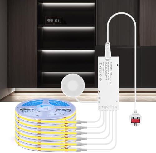 AIMENGTE COB LED Strip, 6 Rolls 12V Warm White Acoustic Panels Cuttable COB LED Strip, with Touch and Hand Sweep Dimmer Switching, for Wine Cabinets, Shelves, Cupboards, Kitchen Light (White, 2M)