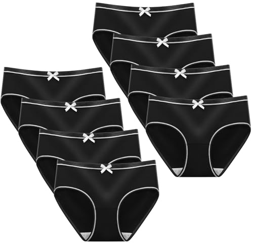 AYBUY 8 Pack Teen Girls Knickers, Soft Underwear Comfy Briefs Underpants Essential Elastic Panties, Plain Knicker for Age 8-18 Girls and Women(XL, Black