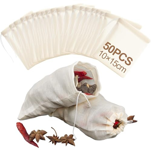 50Pcs Marinade Bags (10×15cm) Tea Bags Empty 100% Reusable Mesh Cotton Muslin Bags, Drawstring Spice Bags for Cooking, Braise Soup Spice Bags Dried Lavender Sachet Tea Picnic Storage Home Fragrance