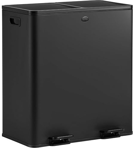 HÜSQ Poubelle À Pédale 60 Litres (2 X 30), Grande Poubelle À Séparation Des Déchets, 2 Compartiments Et Seaux Intérieurs, Fermeture Douce, Hermétique, Acier Noir