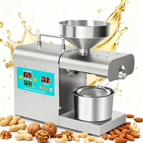 Hggdsac Prensa de aceite eléctrica, máquina de prensa doméstica, Acero inoxidable 304, frío y Caliente, con tolva 6l, Aceite DiseñO Antivibraciones, para Cacahuetes, Girasoles, Aceitunas,220V